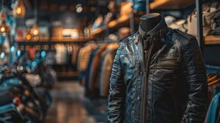 A trendy leather jacket displayed on a mannequin in a high-end fashion boutique.