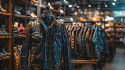 A trendy leather jacket displayed on a mannequin in a high-end fashion boutique.