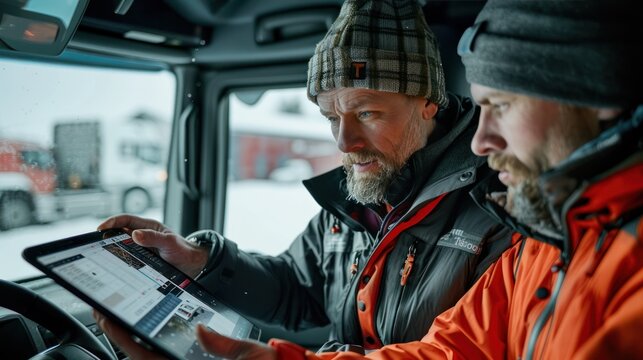 A truck driver and a colleague reviewing delivery routes and schedules using a tablet - Powered by Adobe