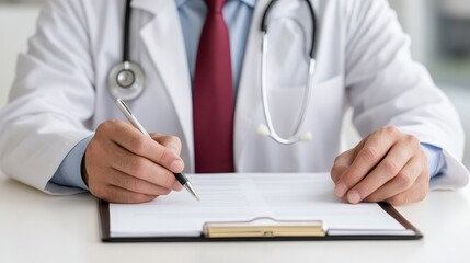 A doctor in a white coat writes notes on a clipboard, demonstrating professionalism in a medical setting.