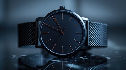 A sleek black watch with a metal mesh band, photographed on a minimalist background