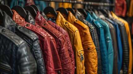 Obraz premium A rack of leather jackets in various colors and styles, displayed in a trendy clothing store