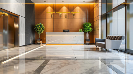 A modern office lobby with stylish furniture, a friendly receptionist greeting a visitor, and architectural details that convey professionalism and hospitality.
