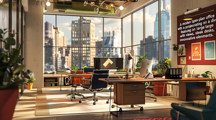 A modern open-plan office with a diverse team collaborating on a project, featuring large windows with city views, sleek desks, and innovative design elements."