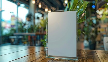 Blank acrylic sign standing on wooden table with blurred restaurant background