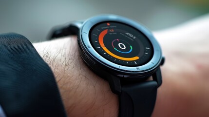 A modern smartwatch on a person's wrist, showing its sleek design and digital display
