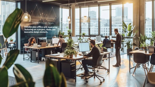 A modern open-plan office with a diverse team collaborating on a project, featuring large windows with city views, sleek desks, and innovative design elements."