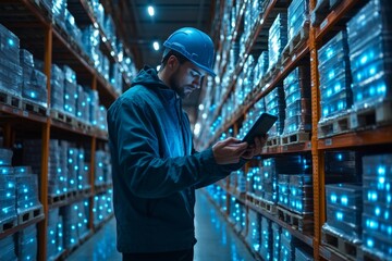 Workers using handheld scanners in a smart warehouse, inventory management technology, logistics efficiency. Generative AI
