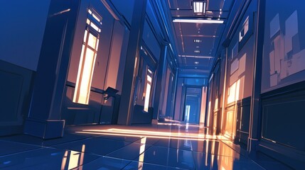 Fototapeta premium A dark blue hall with tall columns and a glowing door in the center, an empty room with tall pillars creates a majestic atmosphere