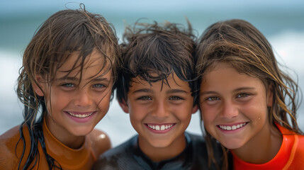 Fototapeta premium Three smiling children with wet hair enjoying a beach day. Their joyful faces and carefree expressions reflect the fun and excitement of summer.
