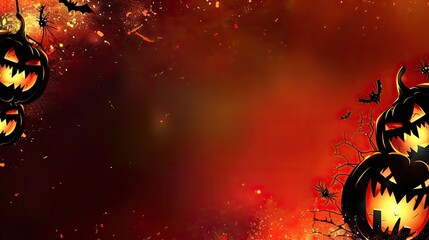 halloween Background with pumpkins sinister and autumn leaves with copy space