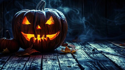 halloween Background with pumpkins sinister and autumn leaves with copy space