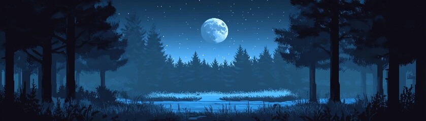 Naklejka premium Serene night forest with full moon reflecting on a tranquil lake, surrounded by silhouetted pine trees under a star-filled sky.