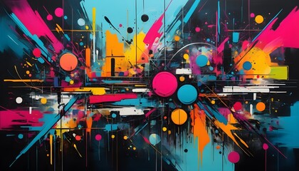 a vibrant, chaotic background with overlapping splashes of neon colors, rough textures, and dynamic, freeform lines reminiscent of street art.