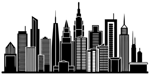 Modern City Skyline Vector Art- Sleek Skyscrapers Line Art Silhouette in Black