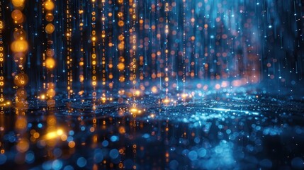 Fototapeta premium Digital Rain with Binary Code and Bokeh Lights