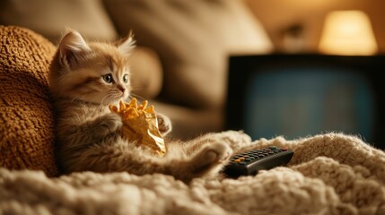 Kitten's Movie Night: An adorable tabby kitten cuddled on a cozy blanket, clutching a remote, eyes glued to the TV in a heartwarming scene of feline entertainment. 
