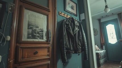 A classic black leather jacket hanging on a vintage coat rack in a stylish room