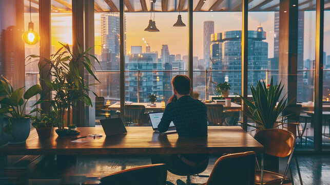 A serene office with a panoramic view of the city, a minimalist desk setup, and an employee deep in thought while working on a laptop.