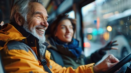 Obraz premium A bus driver smiling as they help a passenger with a stroller, demonstrating excellent customer service