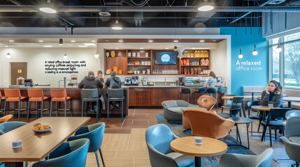 A relaxed office break room with employees enjoying coffee and snacks, comfortable seating, and natural light creating a welcoming atmosphere.