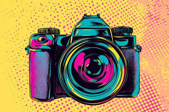 A vibrant camera icon designed in pop art style, featuring bold colors and dynamic lines.