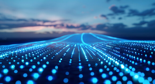 Blue technological lines form mountains and roads