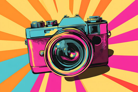 A vibrant camera icon designed in pop art style, featuring bold colors and dynamic lines.