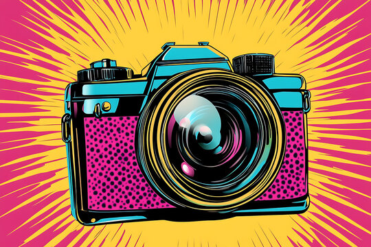 A vibrant camera icon designed in pop art style, featuring bold colors and dynamic lines.