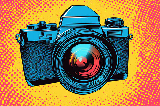 A vibrant camera icon designed in pop art style, featuring bold colors and dynamic lines.