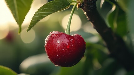 A single red cherry hanging from a branch, glistening with dew drops.