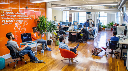 A vibrant startup office with a diverse team brainstorming, innovative decor, and a culture of creativity and collaboration."