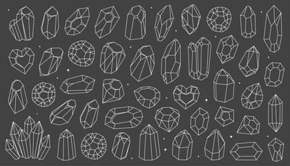 Set of outline crystals and stones. Crystals and diamonds, gemstones, precious stones, treasures. Doodle illustrations, line, icons, logo design.  Magic and esoteric stones.
