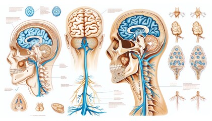 Human anatomy showing brain, skull and nervous system