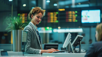 A friendly bank teller assisting a customer at a modern bank counter