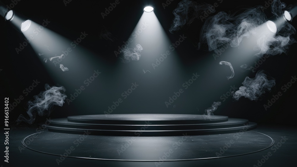 Poster empty dark stage with a transparent background illuminated by white spotlight with floating smoke id
