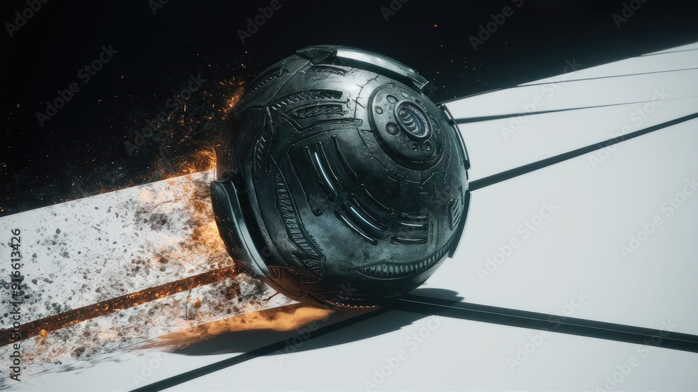 Aufkleber imbalanced heavy metal robotic sphere navigating on a white background 3d rendering