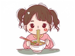 A child eat noodle's. simple illustration. AI generated