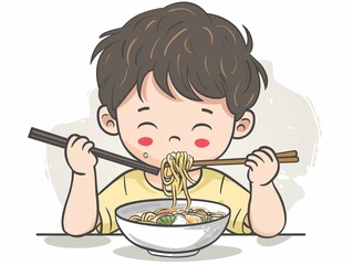 A child eat noodle's. simple illustration. AI generated