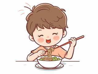 A child eat noodle's. simple illustration. AI generated