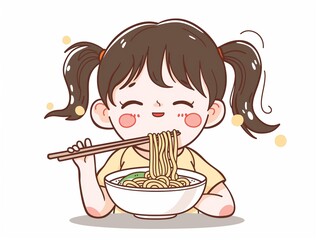A child eat noodle's. simple illustration. AI generated