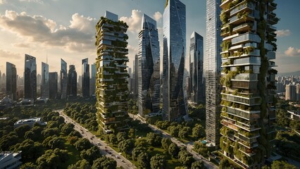 Obraz premium A vision of a smart city where skyscrapers blend with greenery, enhancing the quality of urban life.