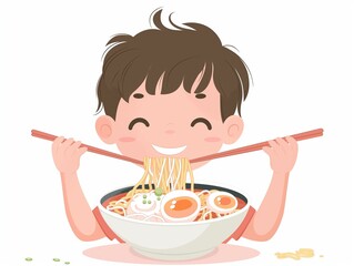 A child eat noodle's. simple illustration. AI generated