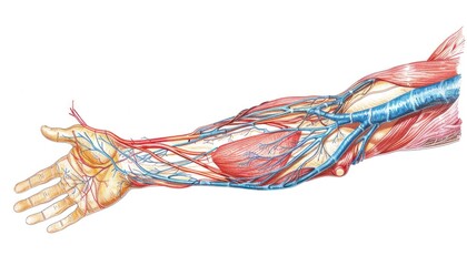 Human arm muscles tendons veins and arteries medical illustration