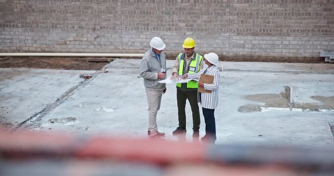 Group, worksite and engineer planning for construction, development project and home renovation. People, meeting and real estate for structure, building or suburban foundation and property design
