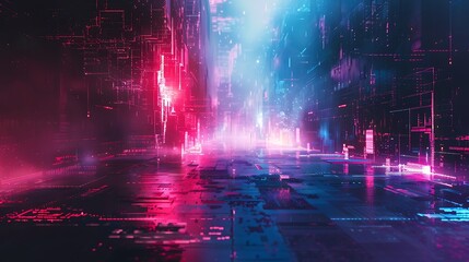 Abstract digital glitch art with neon blues and pinks, displaying fragmented and pixelated patterns, set on a dark background. Emphasis on high contrast and light bursts, influenced by retro-futurism,