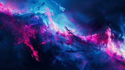 Abstract digital glitch art with neon blues and pinks, displaying fragmented and pixelated patterns, set on a dark background. Emphasis on high contrast and light bursts, influenced by retro-futurism,