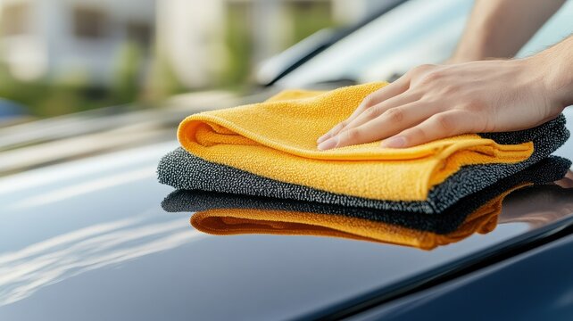 A person uses a microfiber cloth to clean a shiny black car surface, showcasing the importance of regular car maintenance and care.