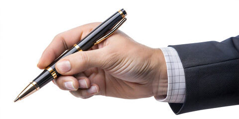 hand of businessman with pen writing on white background