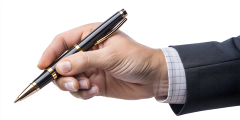 hand of businessman with pen writing on white background